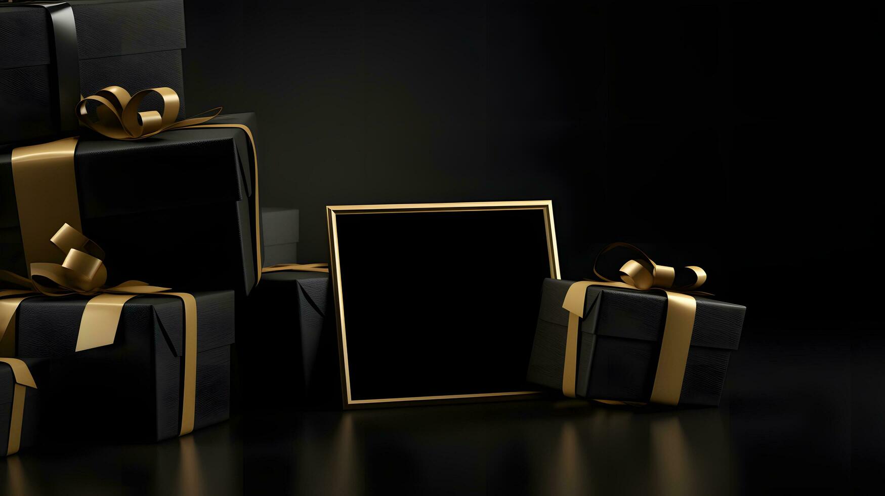 Black and Gold Gift Boxes with Empty Gold Frame on Reflective Surface photo