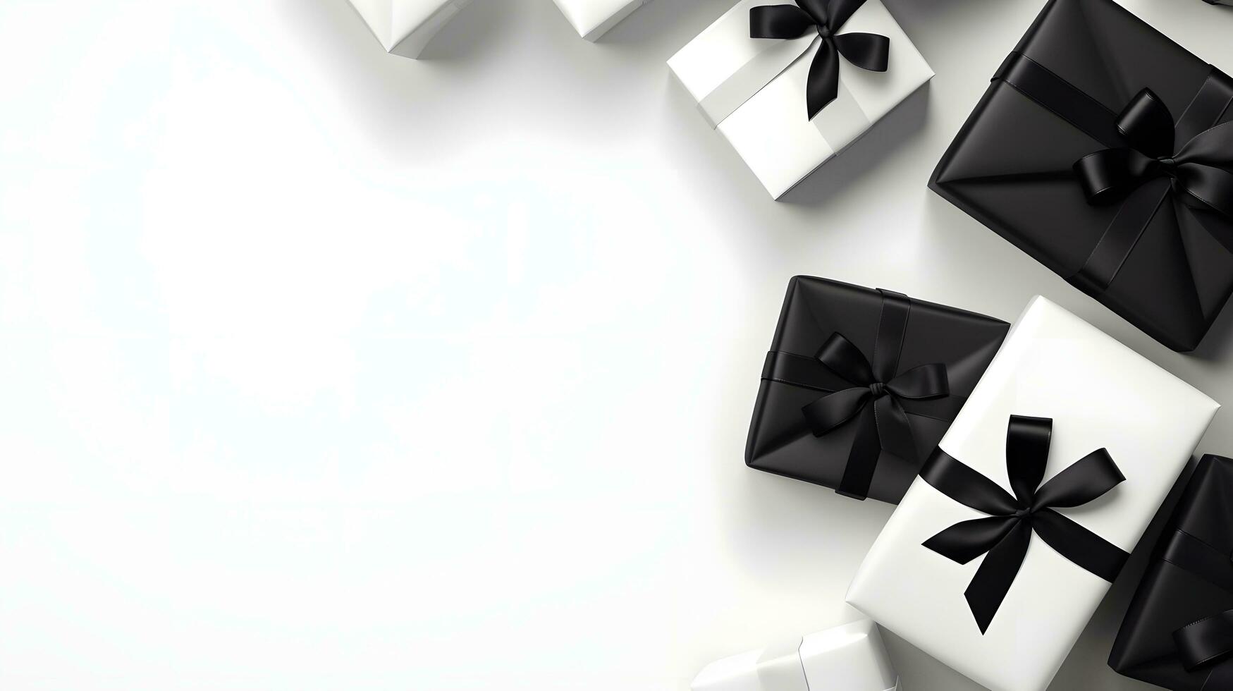 Black and White Gift Boxes with Ribbons on a Plain White Background photo