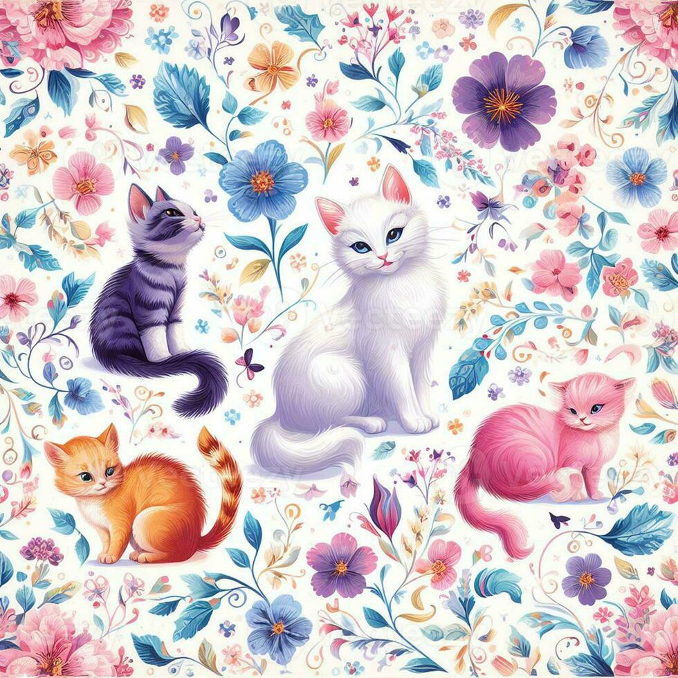 beautiful spring floral seamless patterns with, cute cats flowers leaves purple and pink on white background. Hand draw photo