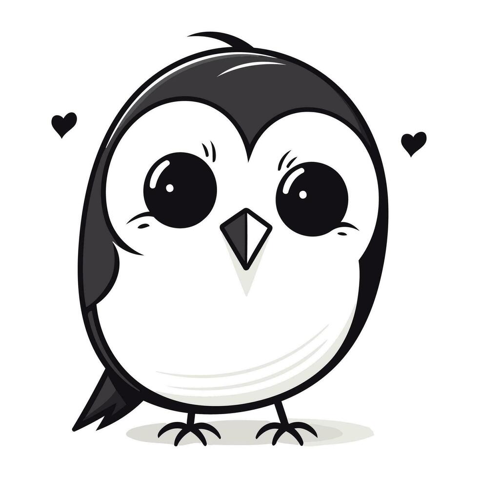 Cute cartoon penguin with hearts isolated on white background. Vector illustration.