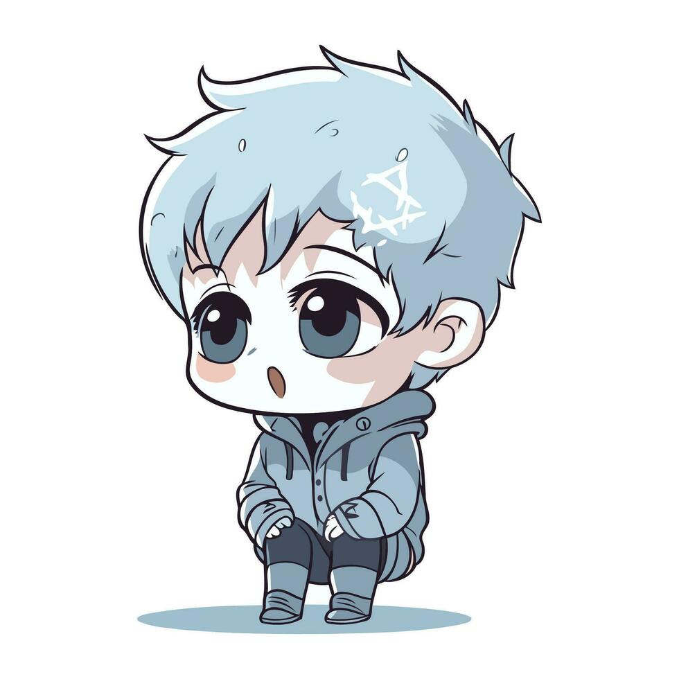 Cute little boy with blue hair and blue eyes. Vector illustration.