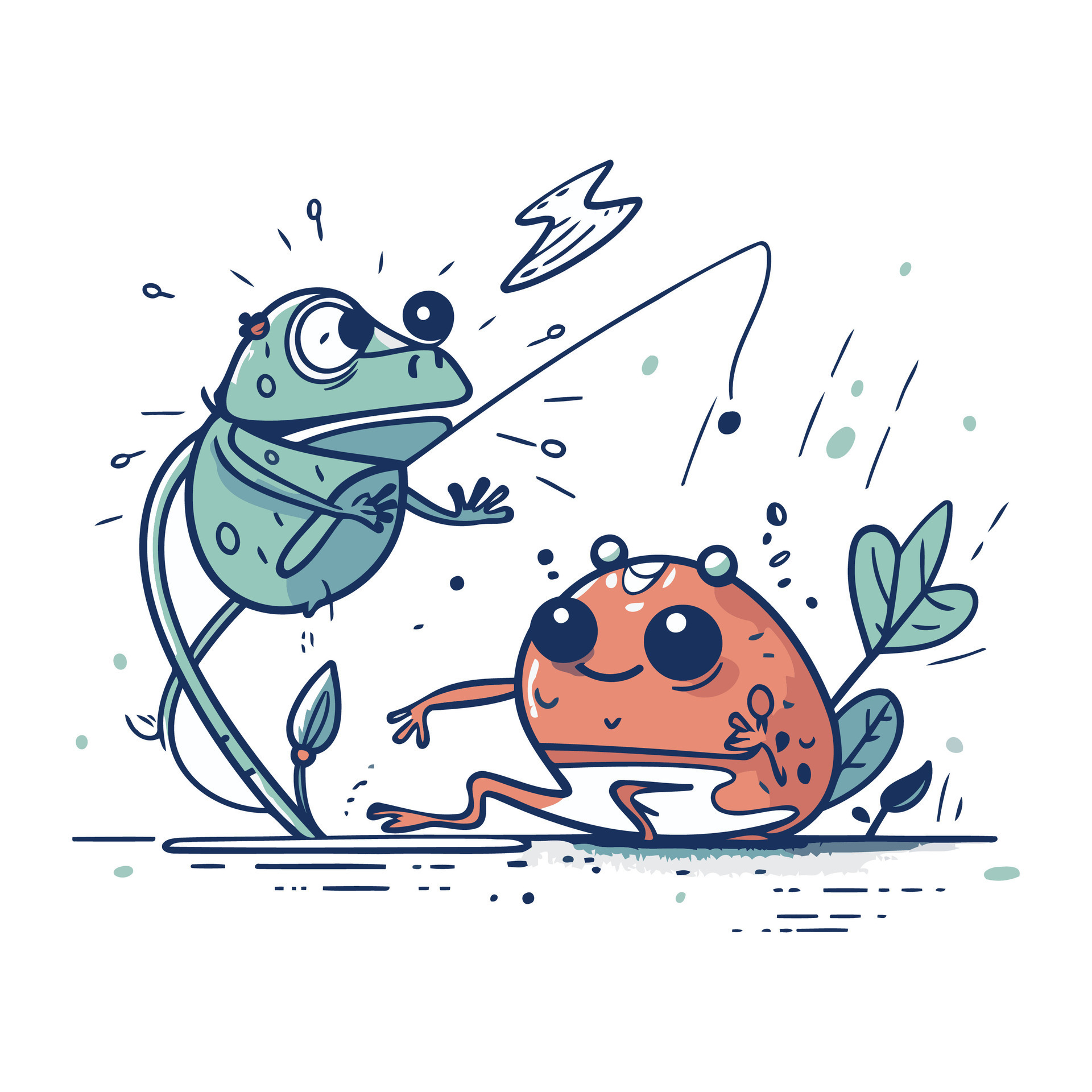 Funny frog fishing with a rod. Vector illustration for your design