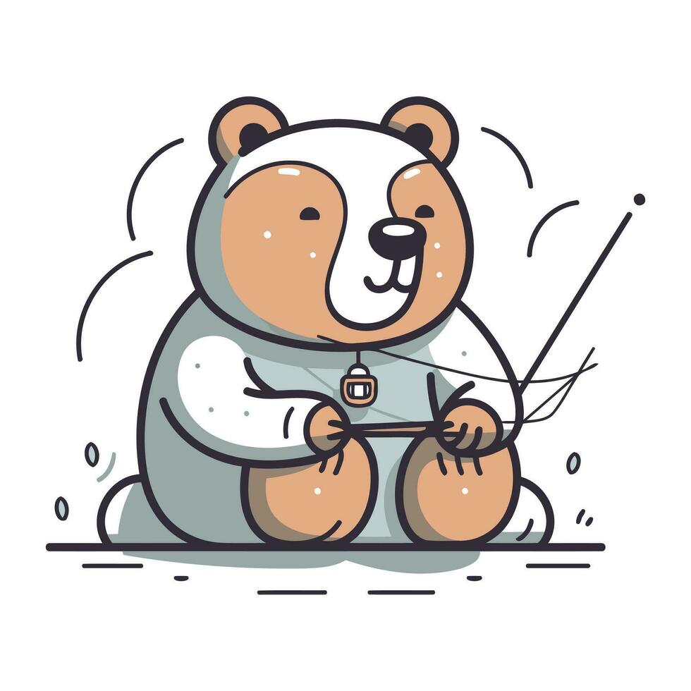 Polar bear with fishing rod. Cute cartoon character. Vector illustration.