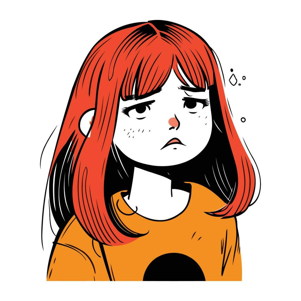 Sad woman with red hair. Vector illustration of a sad girl.