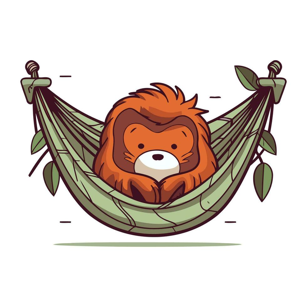 Cute cartoon lion in hammock. Vector illustration isolated on white background.