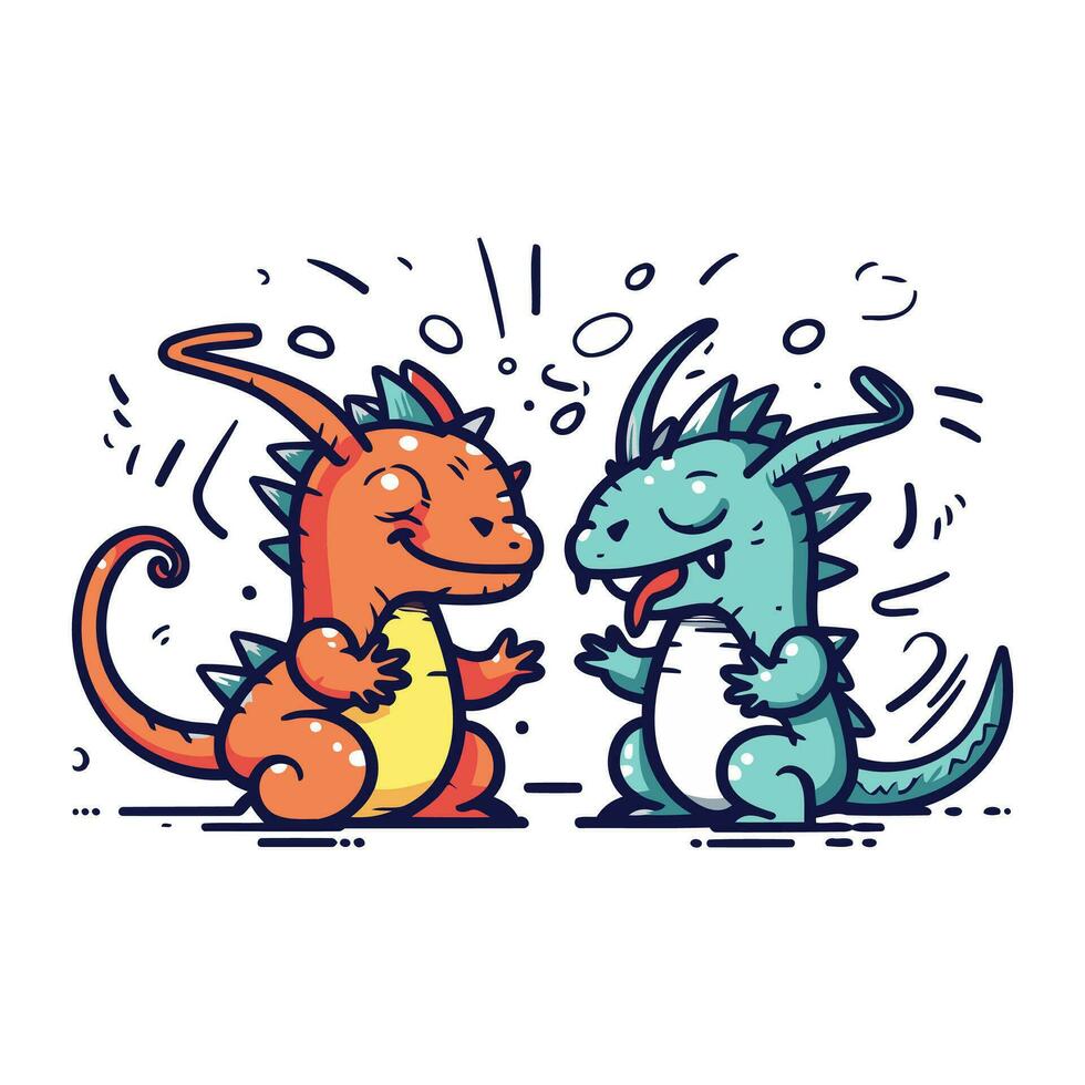 Funny cartoon dragon couple. Vector illustration. Isolated on white background.