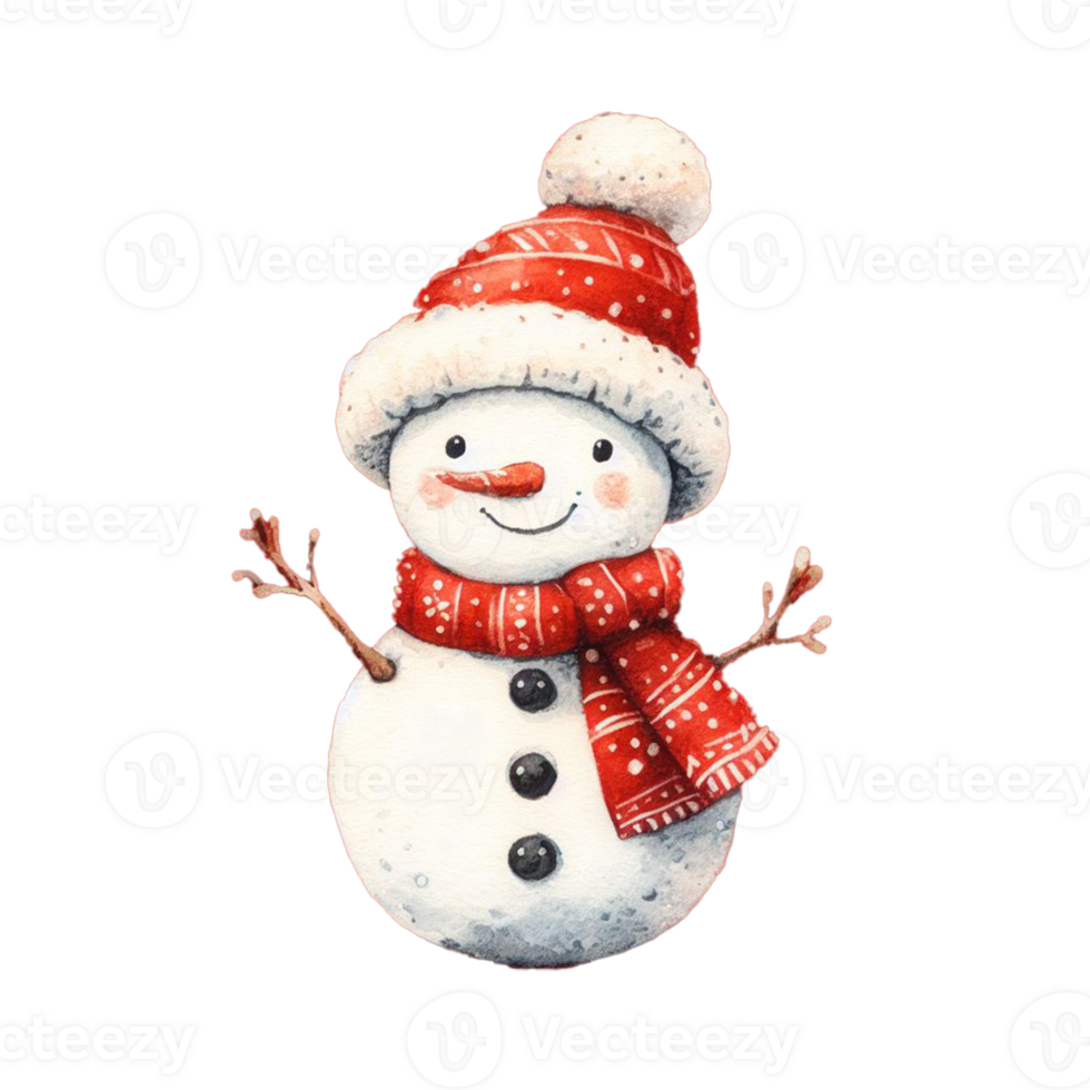 Snowman with scarf and hat on snowy background. Watercolor of hand draw generate by Ai. Png on transparency