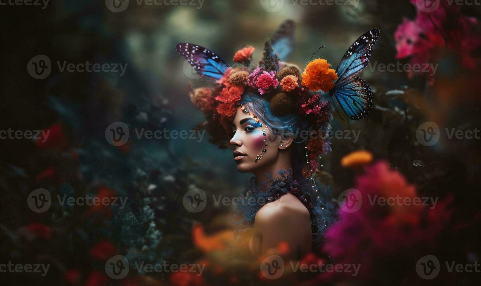 Captivating closeup of a fairy's ethereal beauty in a majestic forest. Creating using generative AI tools photo