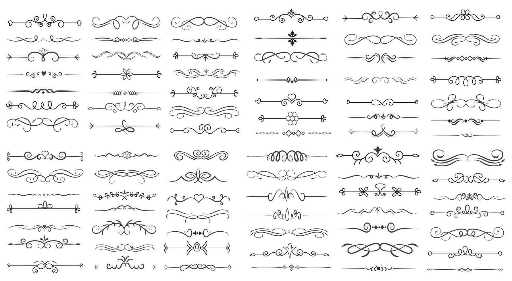 Page Divider And Design Elements. Set of Various Simple Black Divider Design, Assorted Divider Collection Template Vector. Collection of floral dividers elements mega decoration for Calligraphy. vector