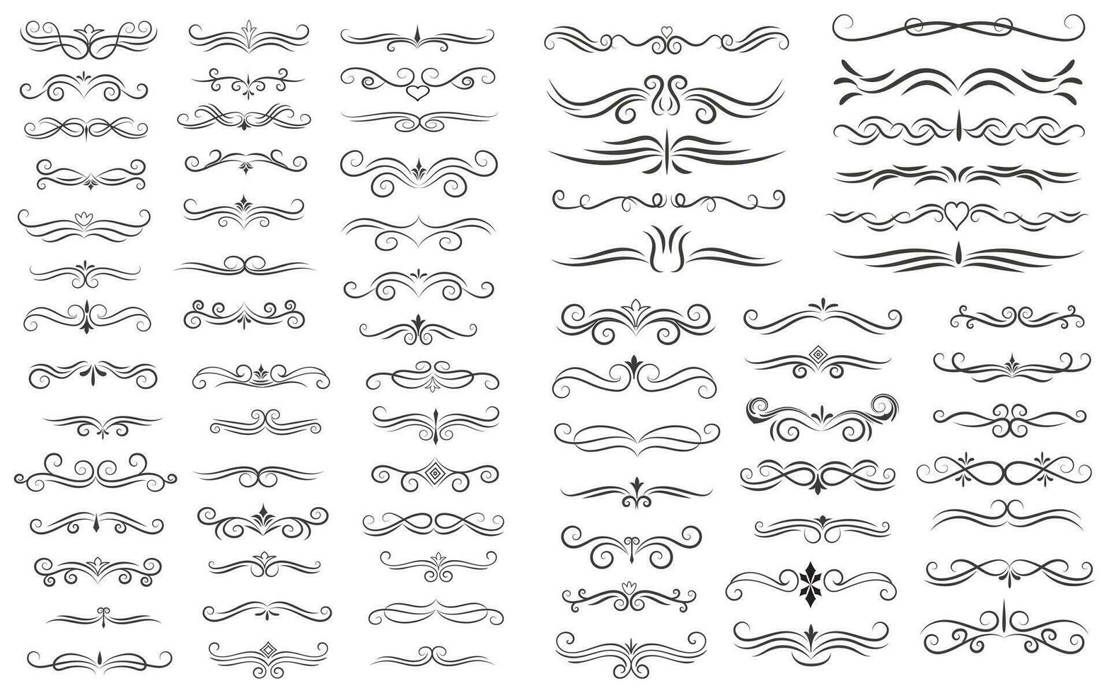 Page Divider And Design Elements. Set of Various Simple Black Divider Design, Assorted Divider Collection Template Vector. Collection of floral dividers elements mega decoration for Calligraphy. vector