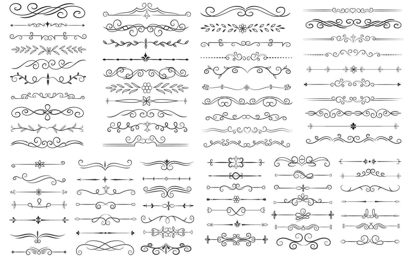 Page Divider And Design Elements. Set of Various Simple Black Divider Design, Assorted Divider Collection Template Vector. Collection of floral dividers elements mega decoration for Calligraphy. vector
