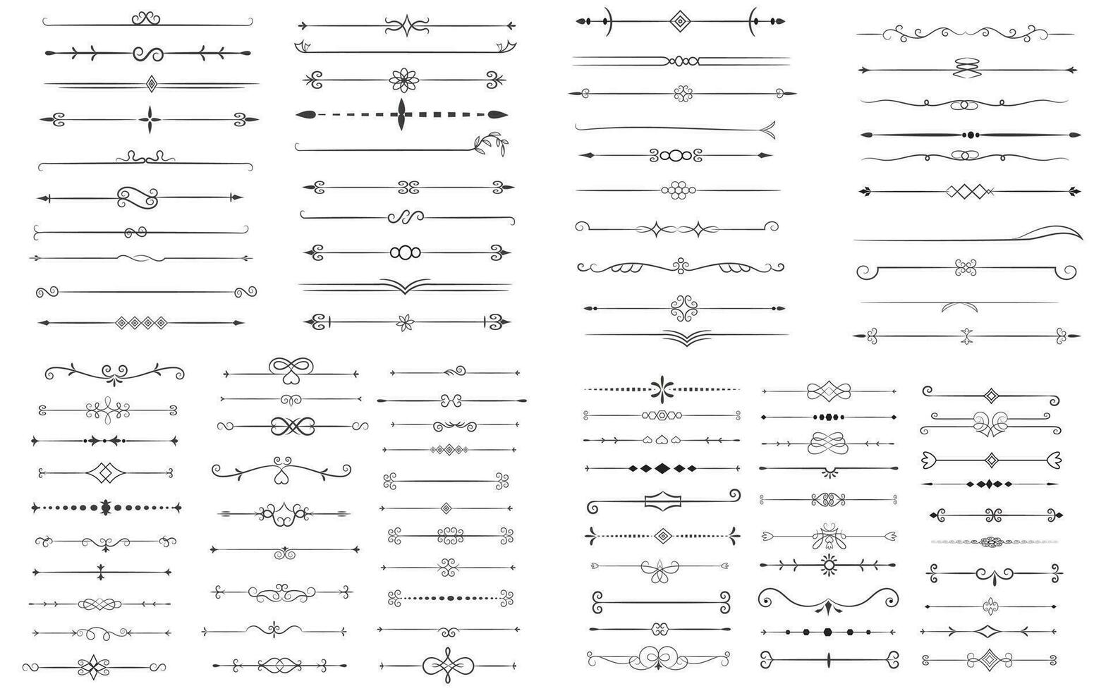 Page Divider And Design Elements. Set of Various Simple Black Divider Design, Assorted Divider Collection Template Vector. Collection of floral dividers elements mega decoration for Calligraphy. vector