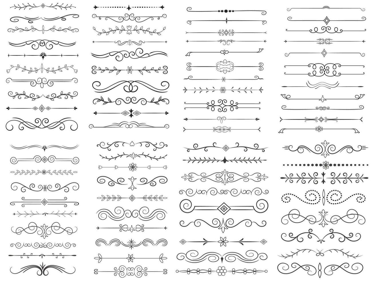 Page Divider And Design Elements. Set of Various Simple Black Divider Design, Assorted Divider Collection Template Vector. Collection of floral dividers elements mega decoration for Calligraphy. vector
