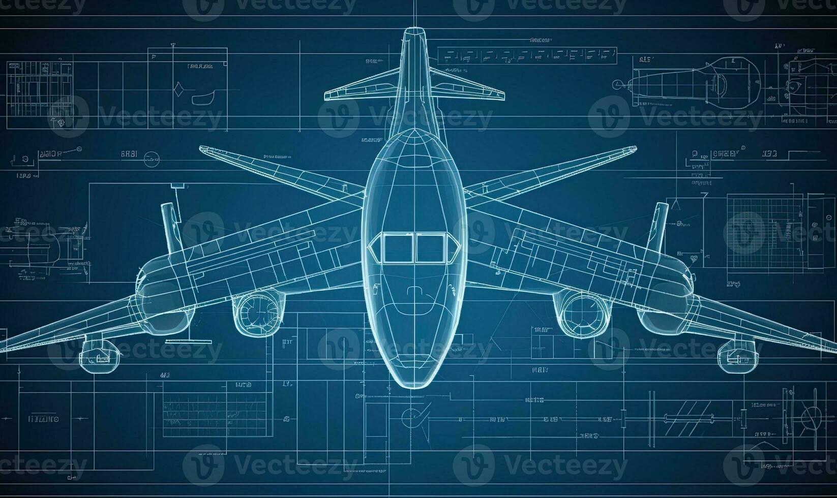 In-depth technical illustration of a plane's components depicted in a blueprint. Creating using generative AI tools photo