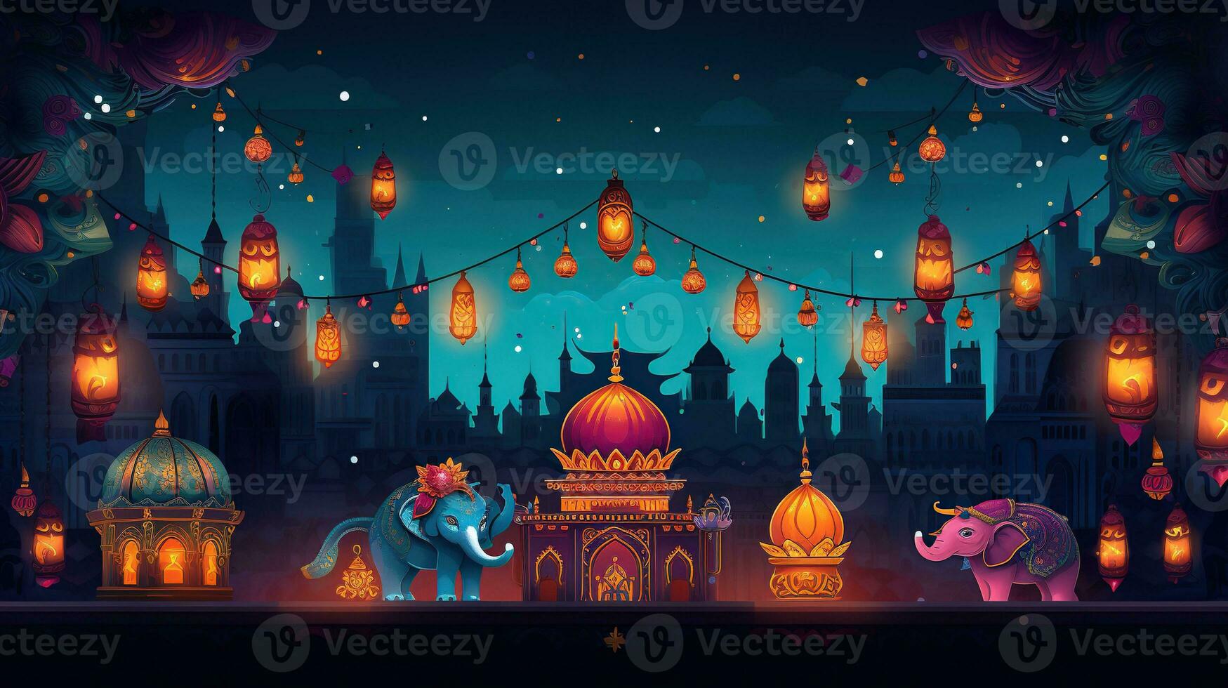 Diwali Hindu festival concept with India town decorated for holiday. Ai generated photo