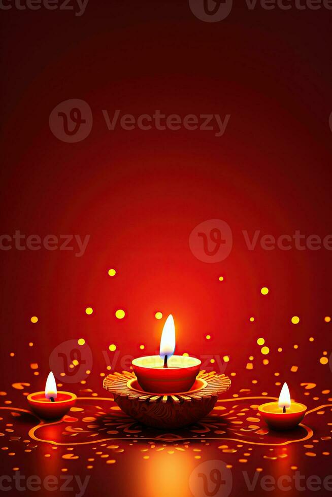 Glowing candles for Indian holiday Diwali Festival of lights on yellow background. Vertical poster. Ai generated photo