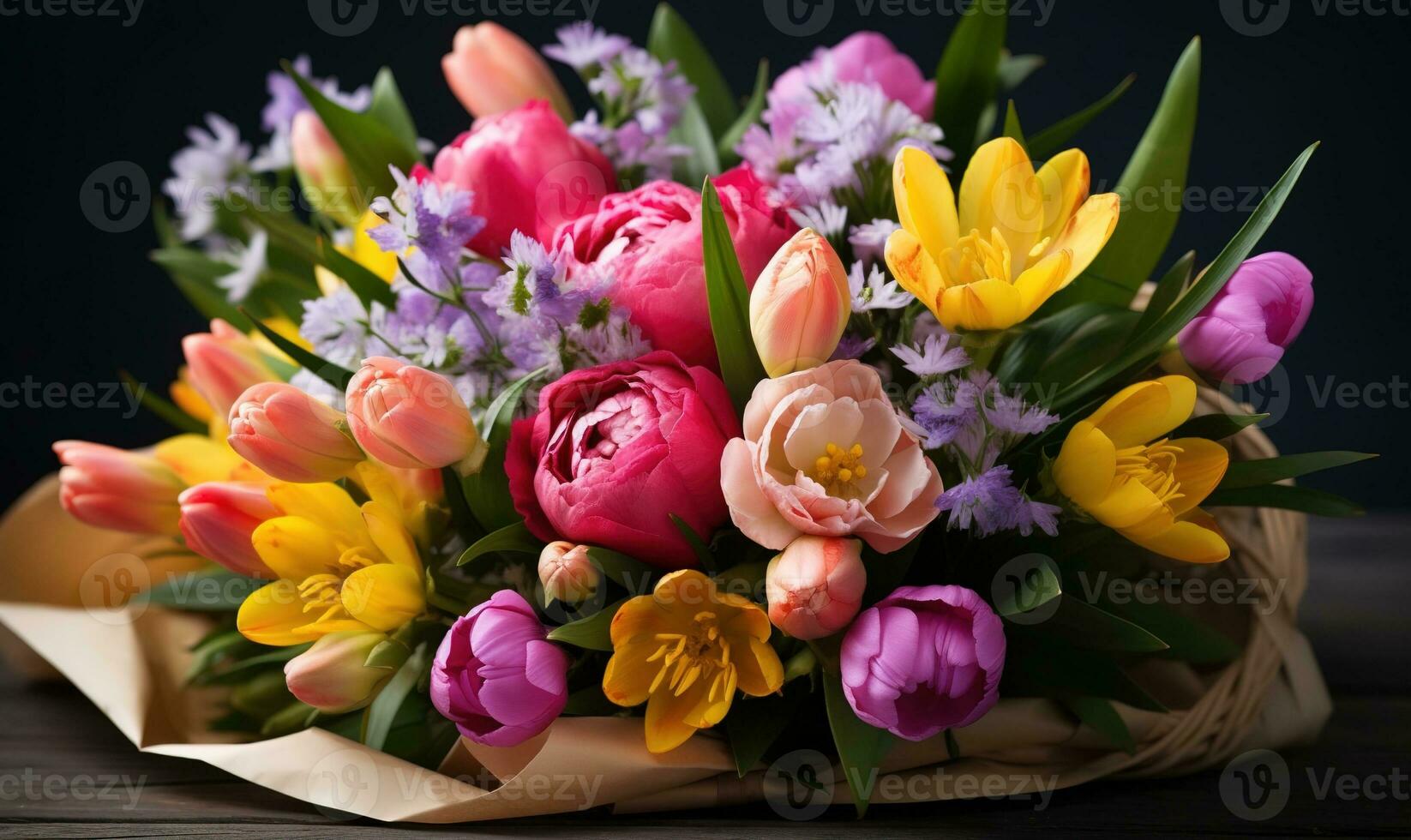 bouquet of multicolored tulips on grey background, in the style of bold color combinations photo