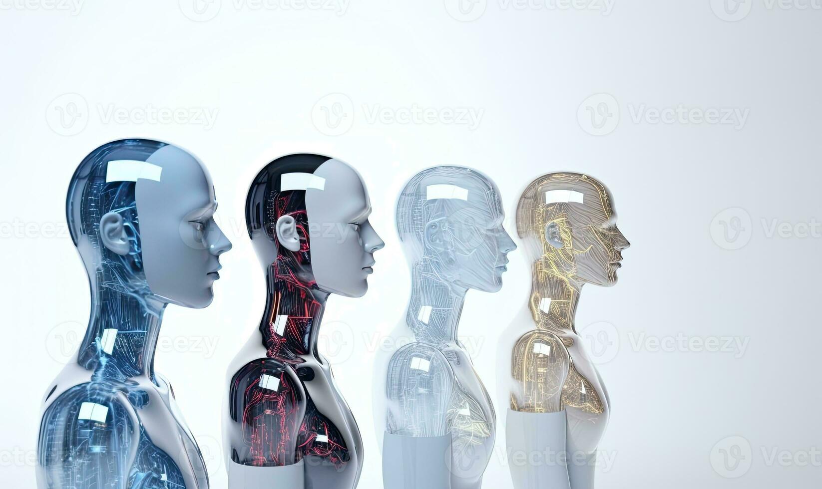 Female android with a human face and robotic body. Creating using generative AI tools photo