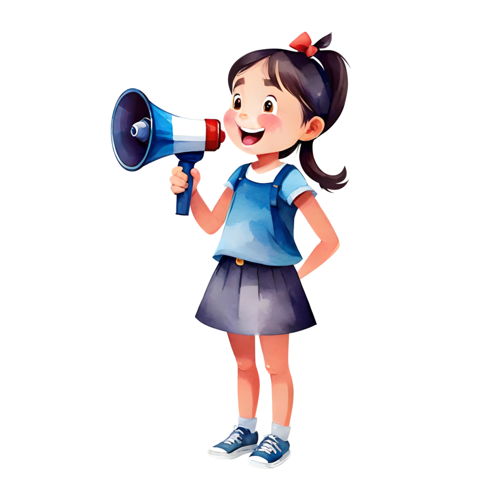 Cute Adorable Little Girl Shouting Happily On Megaphone Simple Clipart Isolated Transparent Illustration png