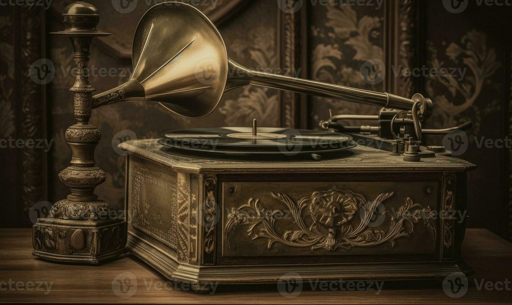 A nostalgic setting with a vintage gramophone resting on a wooden table. Creating using generative AI tools photo