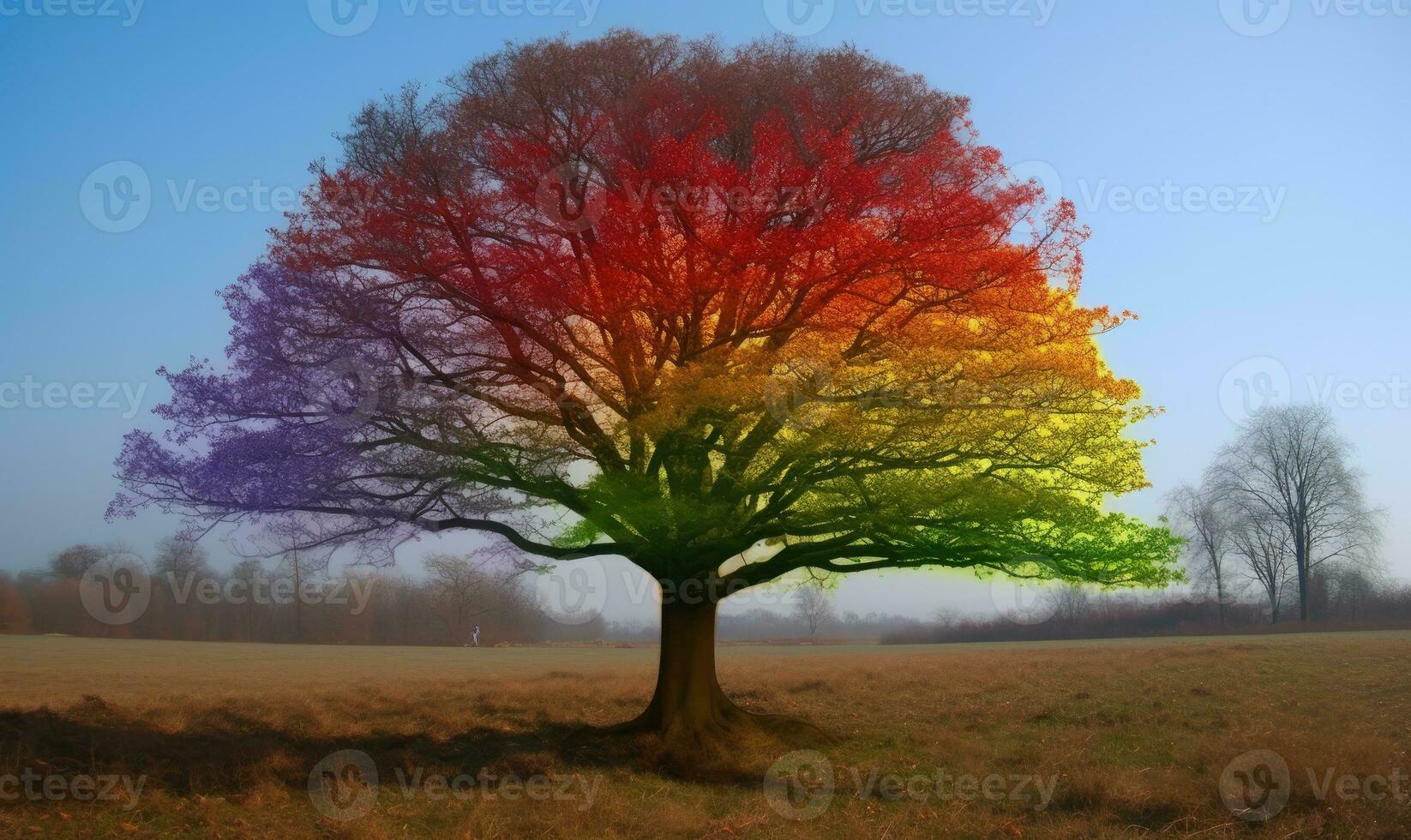 A colorful wonderland in the forest with rainbow trees Creating using generative AI tools photo