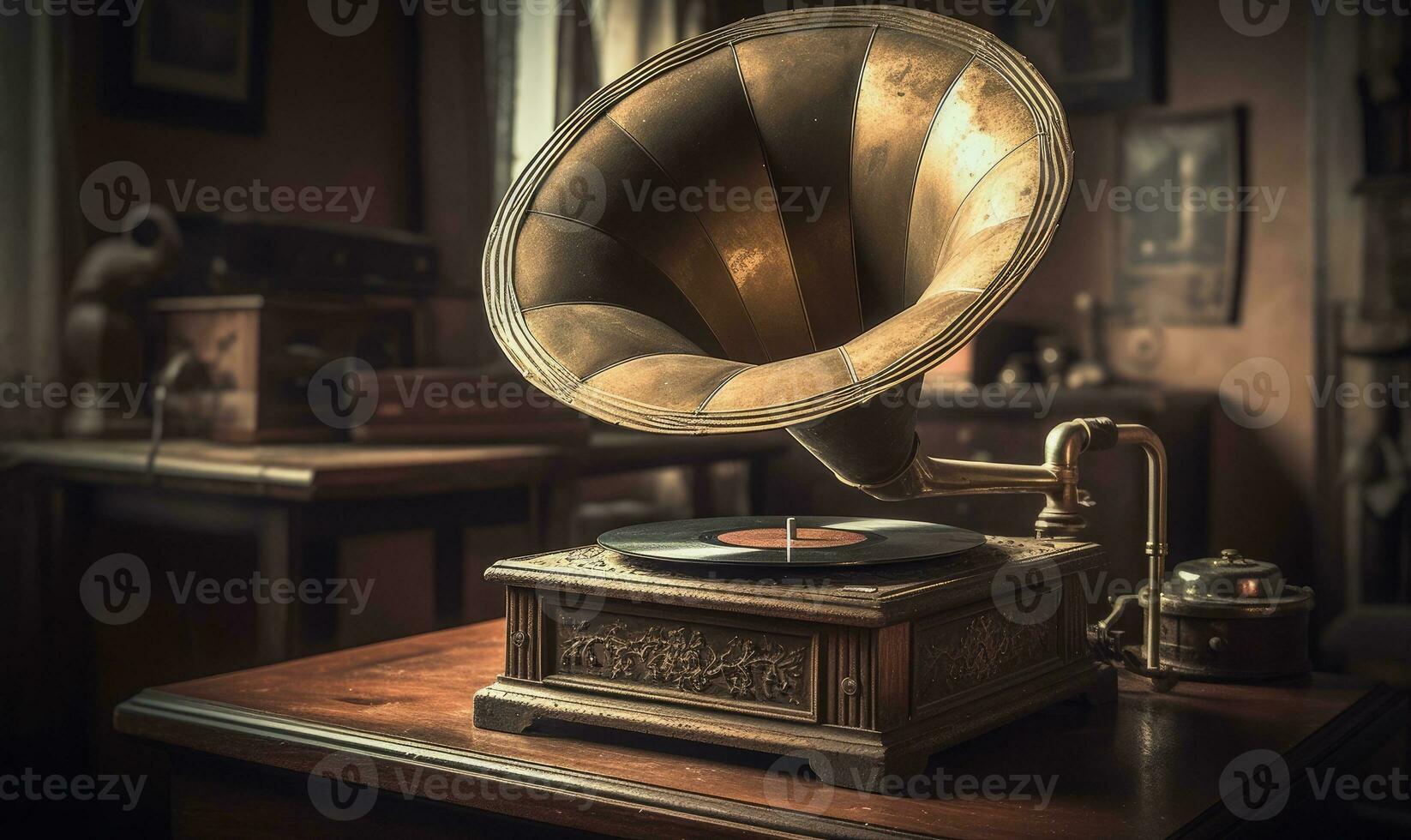 Immerse in the charm of yesteryears with a vintage gramophone adorning a wooden table. Creating using generative AI tools photo
