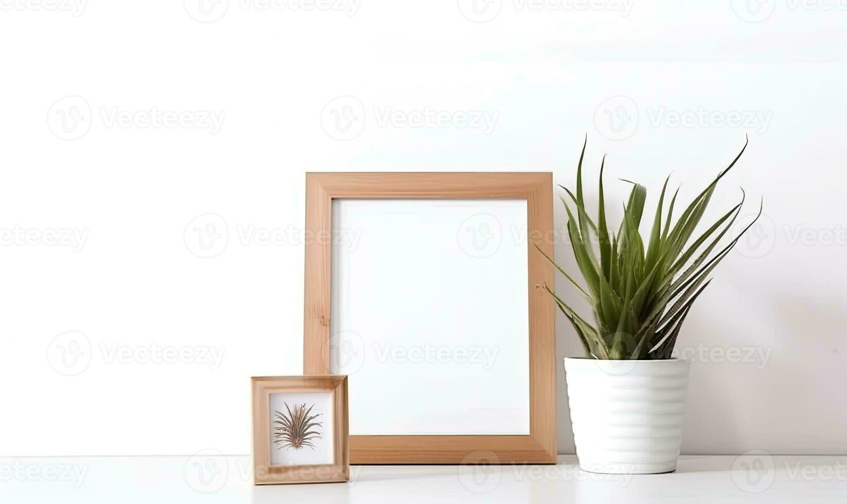 Simple and chic empty wooden photo frame and plant on white table Creating using generative AI tools