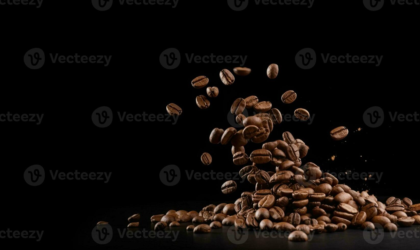Brown roasted coffee beans falling on pile. Technology concept. Creating using generative AI tools photo