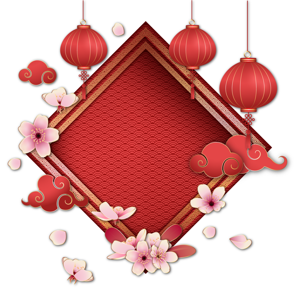 Chinese Ethnic Border Frame Ornament with Peach Blossom Flower and Red Lantern png