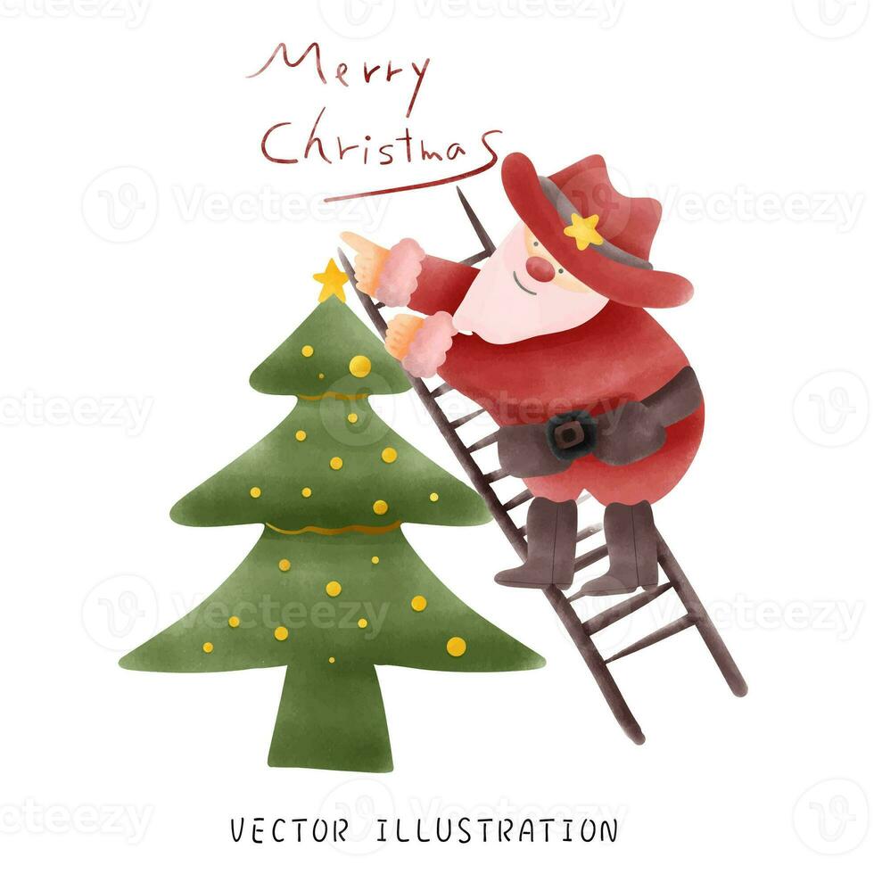 Cheerful Cowboy Santa Claus Hand Drawing Climbing Ladder to Decorate Christmas Tree photo