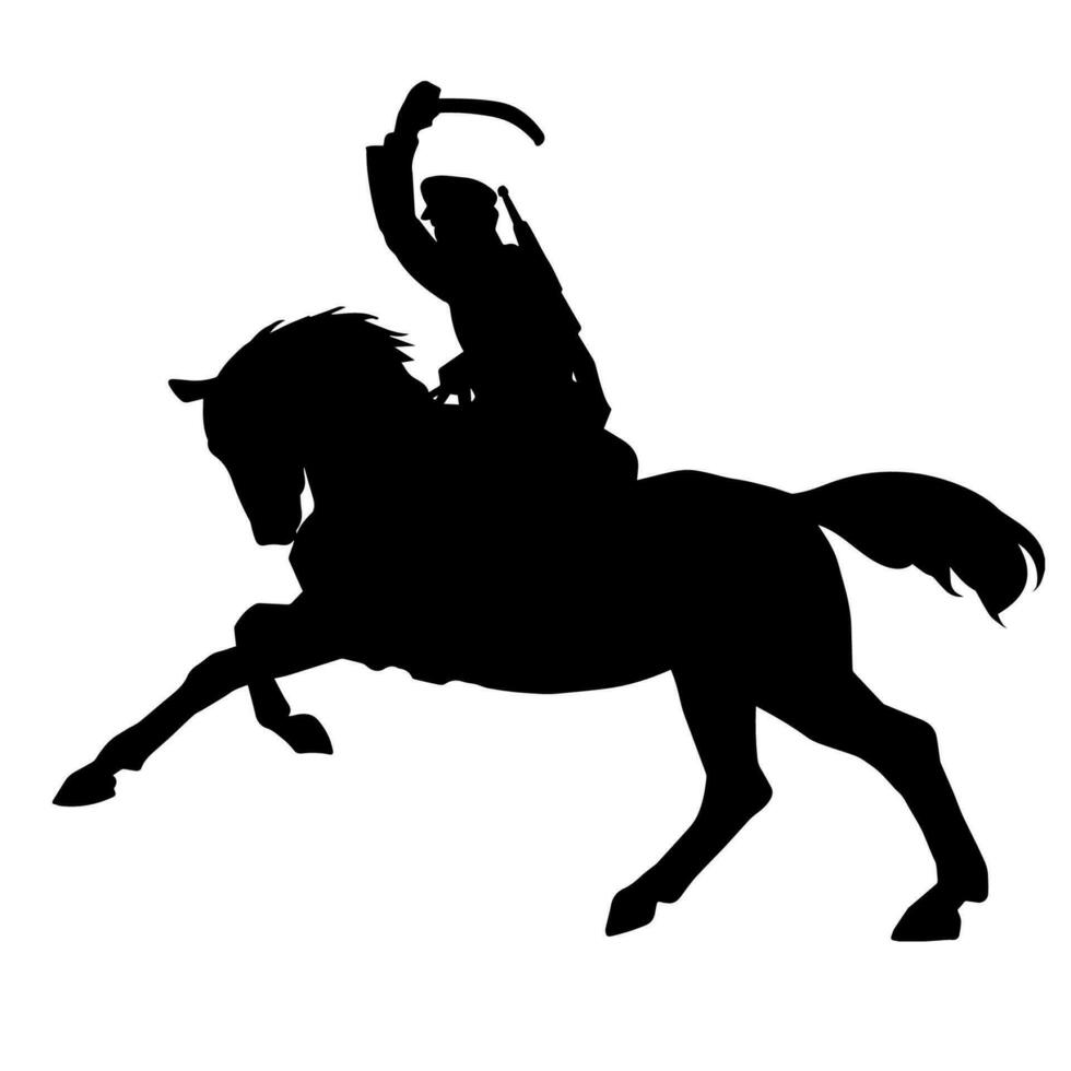 Silhouette of a cavalry soldier ride on horseback swinging blade weapon ...