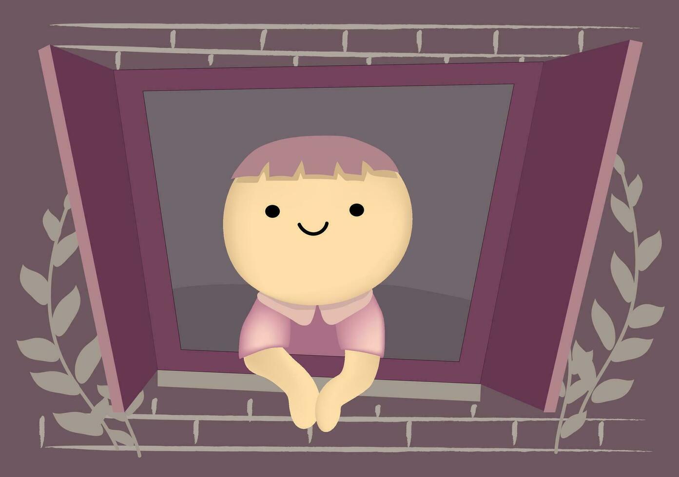 Cute kid open a window seeing view vector