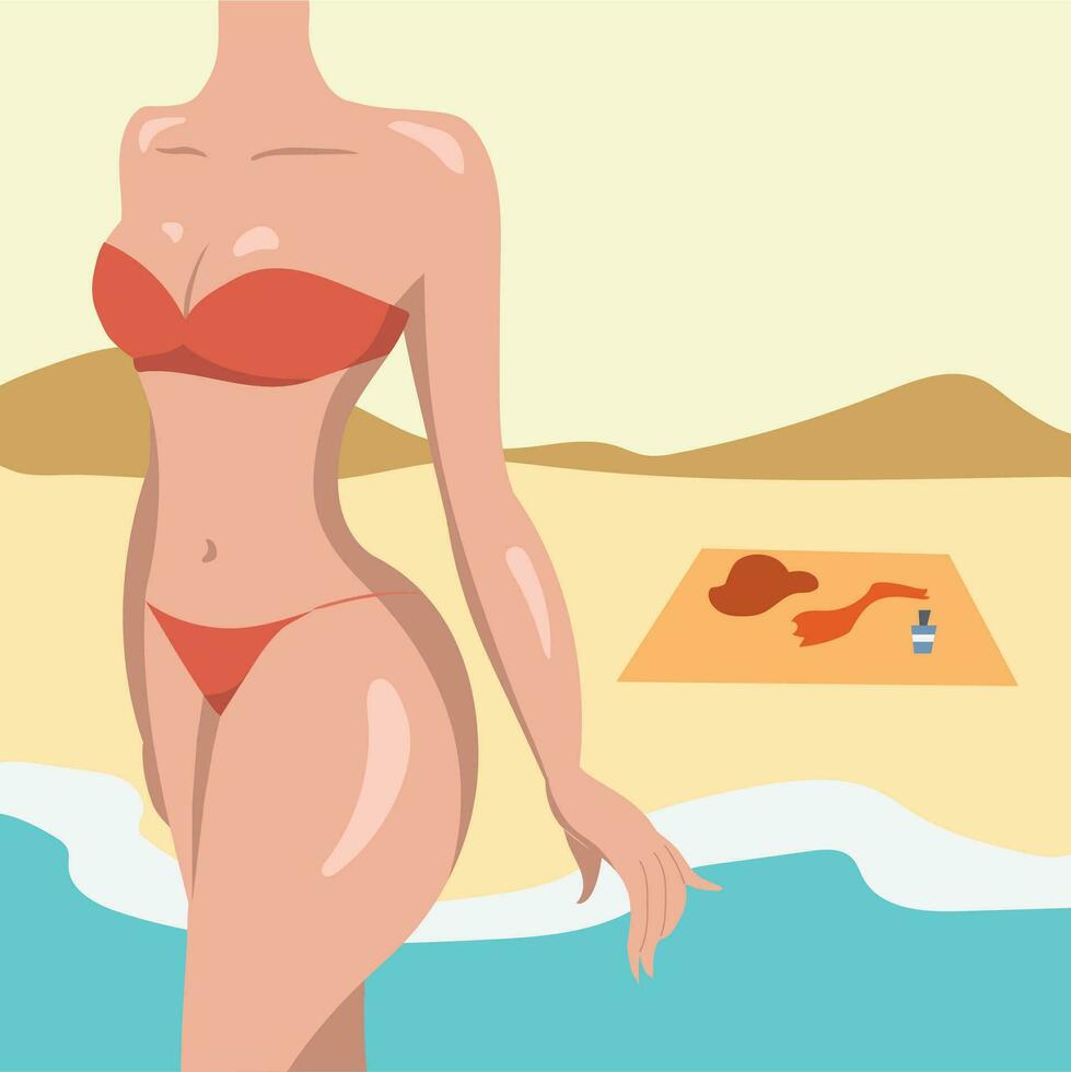 un dibujos animados mujer en un bikini en pie en el playa vector