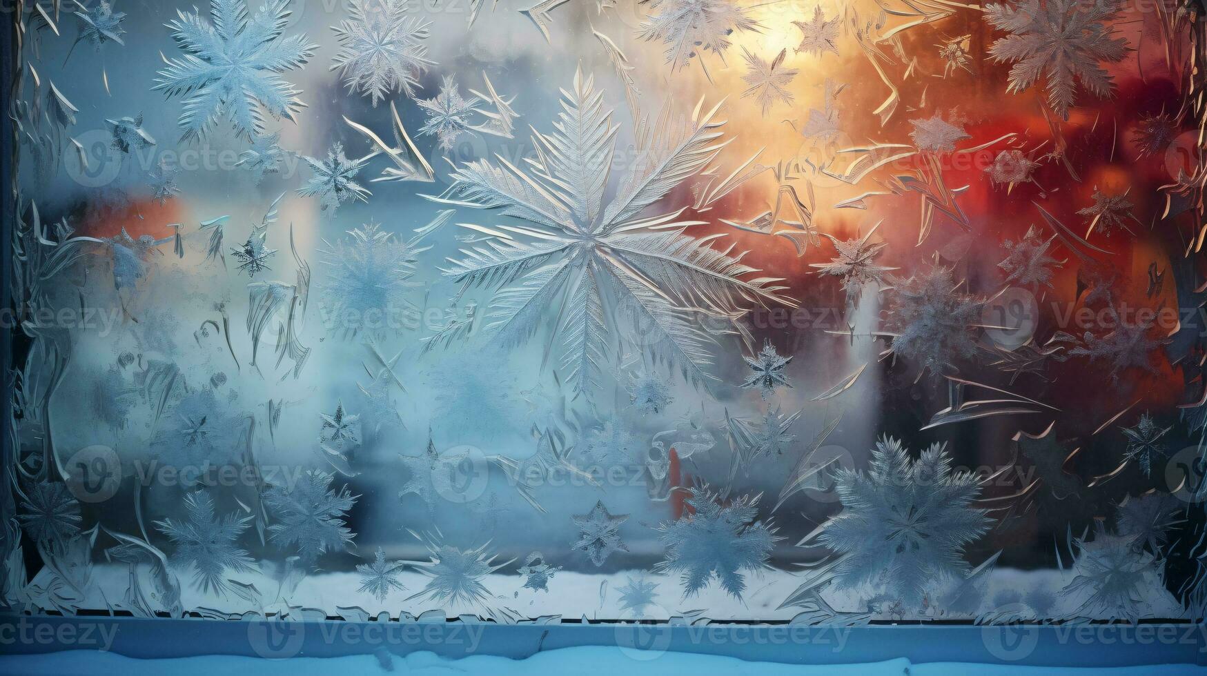 ai generative Winter frost on glass with small decorations on or behind the window photo