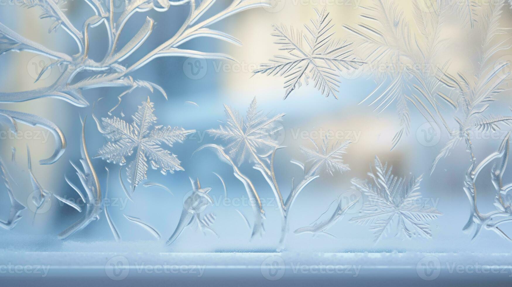 ai generative Winter frost on glass with small decorations on or behind the window photo