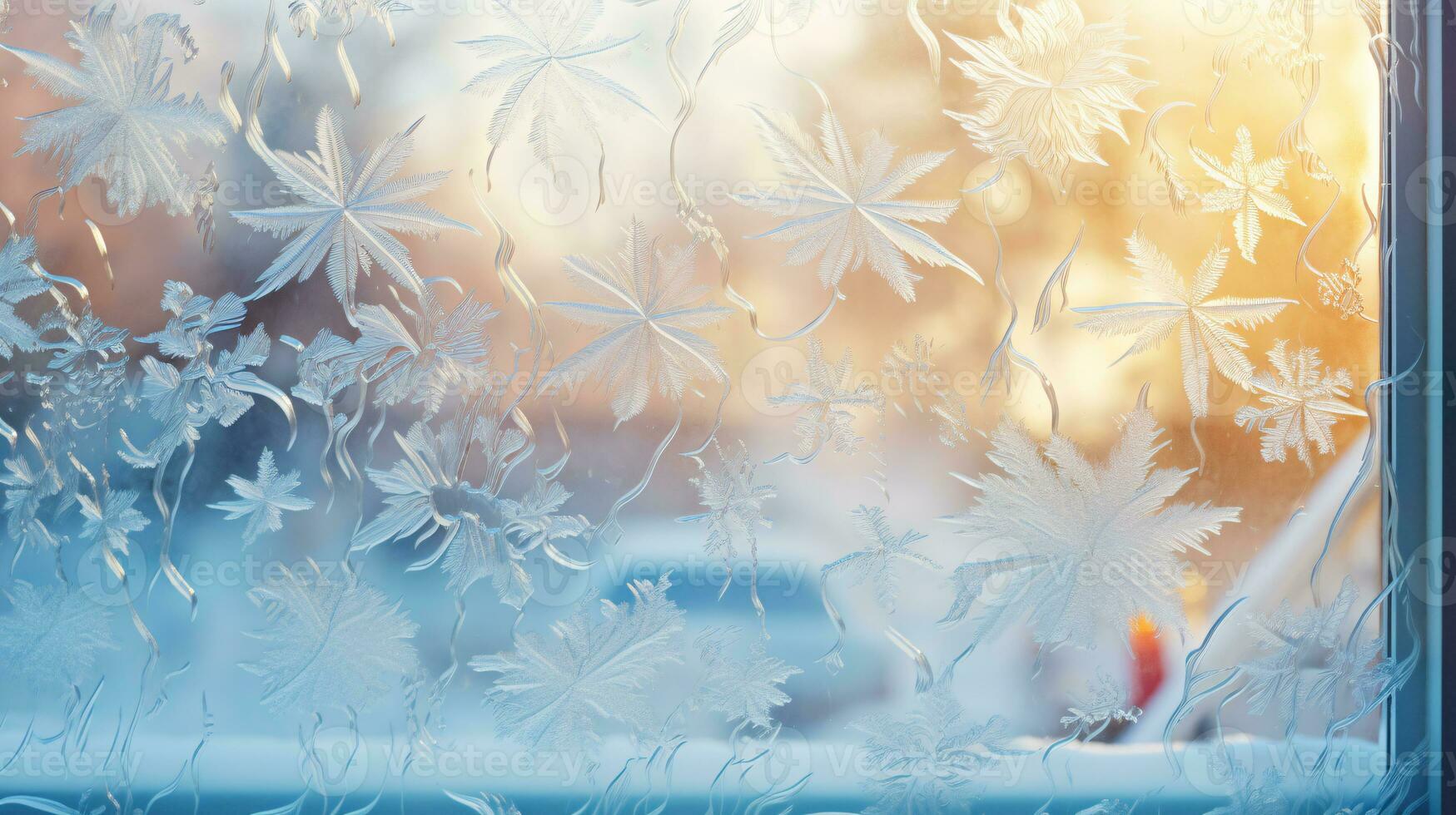 ai generative Winter frost on glass with small decorations on or behind the window photo