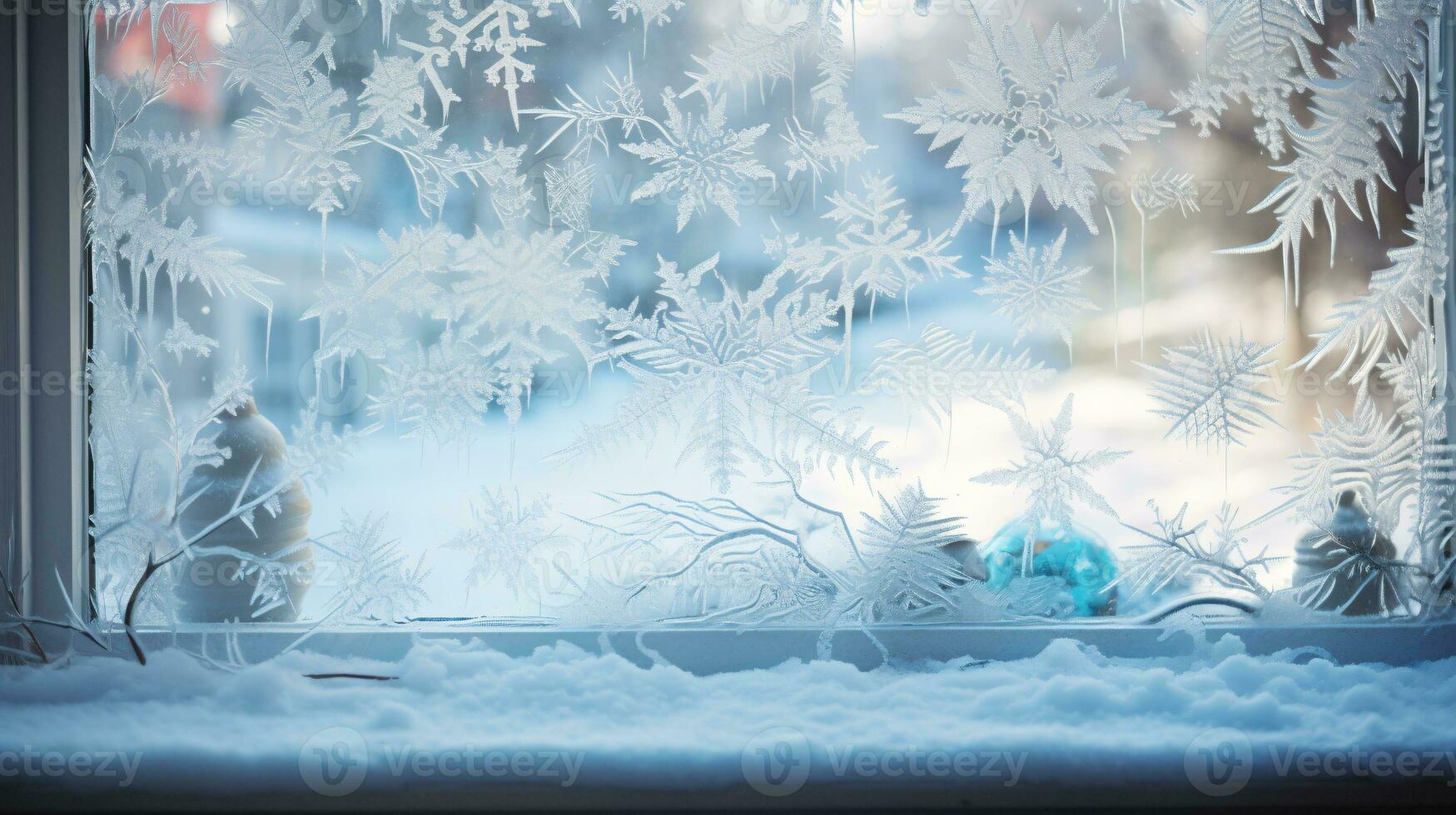 ai generative Winter frost on glass with small decorations on or behind the window photo