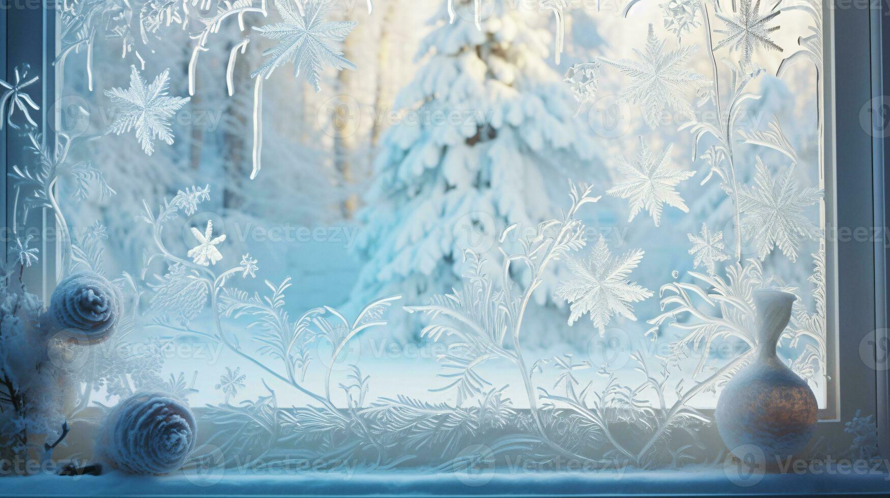 ai generative Winter frost on glass with small decorations on or behind the window photo