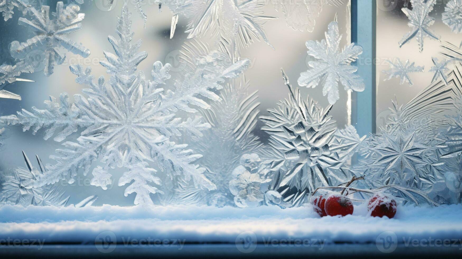 ai generativo invierno escarcha en vaso con pequeño decoraciones en o detrás el ventana foto