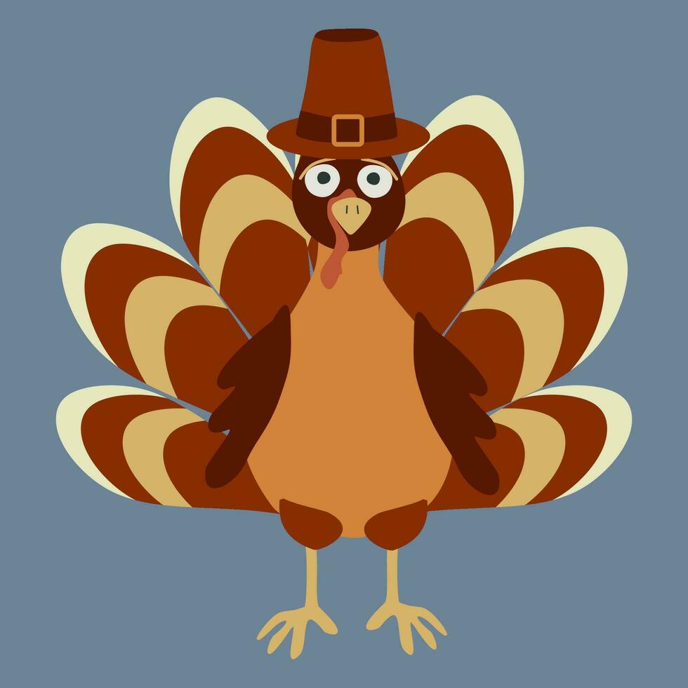 Turkey in a Traditional Pilgrim Hat, Isolated Vector graphics in cartoon style. Holiday Thanksgiving Day Flat Bird illustration for Decoration design, November Celebration Character. Card template