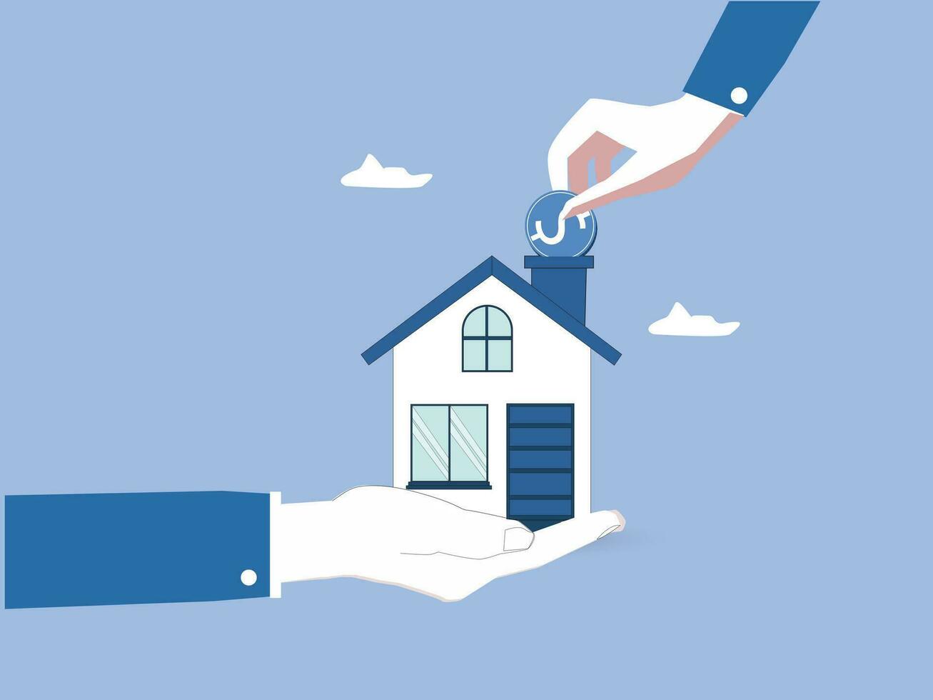 Man putting a coin in a model house real estate and investments concept. Vector illustration.