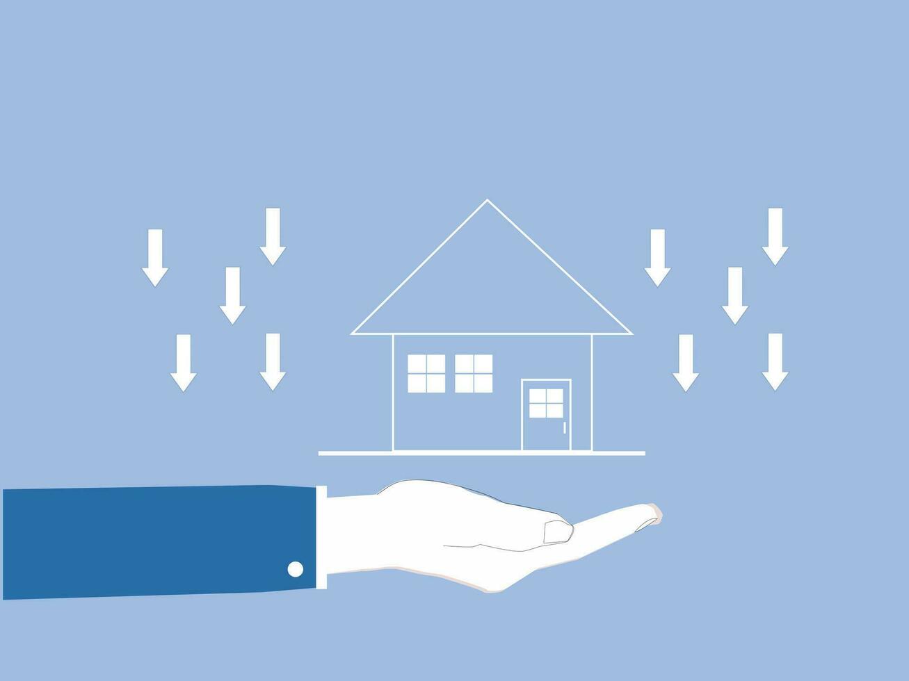 Businessman's hand and house illustration with downward arrows. vector illustration.