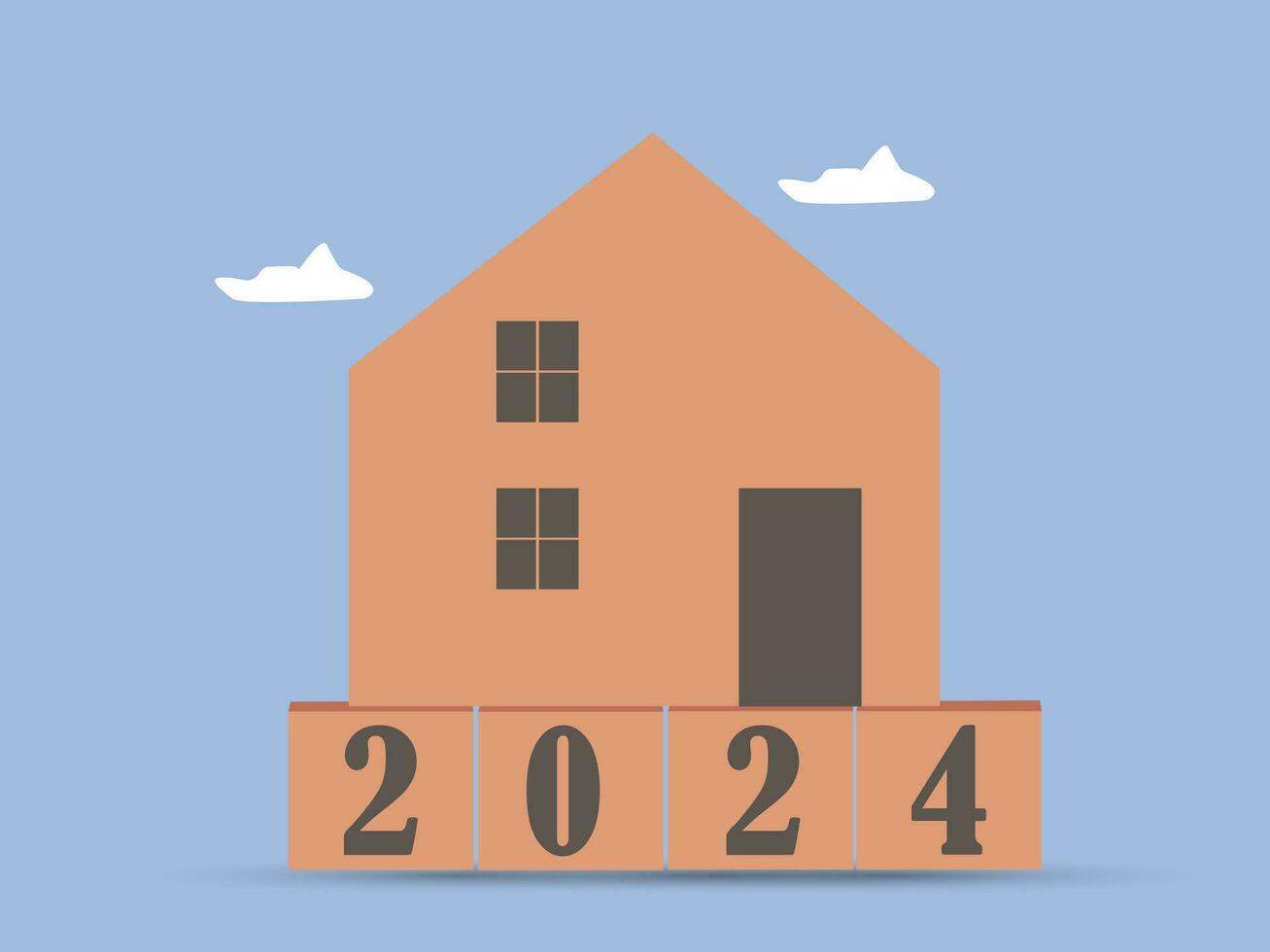 New year property. Wooden house model with wooden block number 2024 and copy space using as background concept to save money buying house, business, real estate and property concept. vector