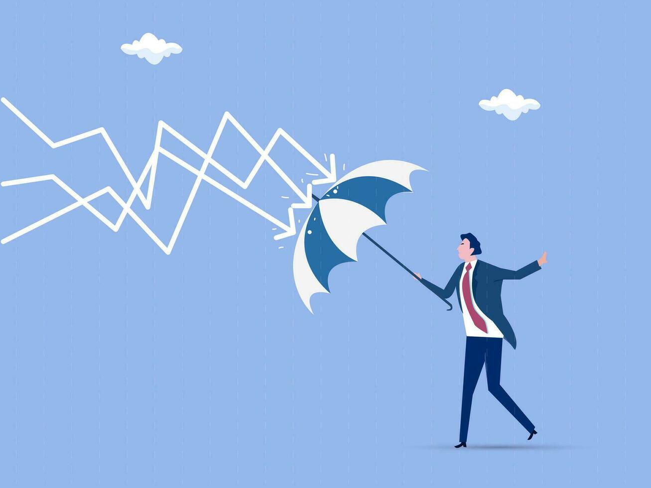 Protection or defensive stock in economy crisis or market crash, business resilient to survive difficulty or insurance concept, businessman holding umbrella to cover and protect from downturn arrow. vector