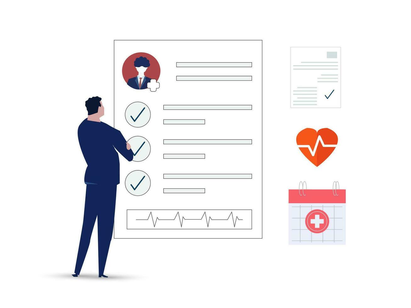 Health Check Up Concept Web Banner. Patient Examining or Checking her Health Online. Concept of Healthcare, Health Insurance, Medical Report. Vector illustration for Web Design