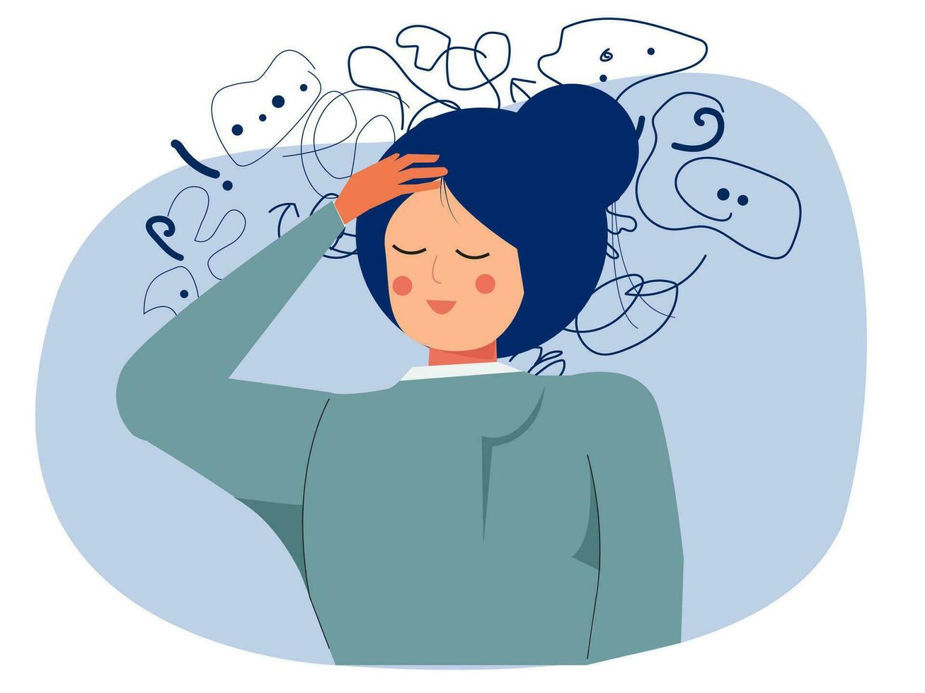 woman suffers from obsessive thoughts headache unresolved issues psychological trauma depression. Mental stress panic mind disorder illustration Flat vector illustration.