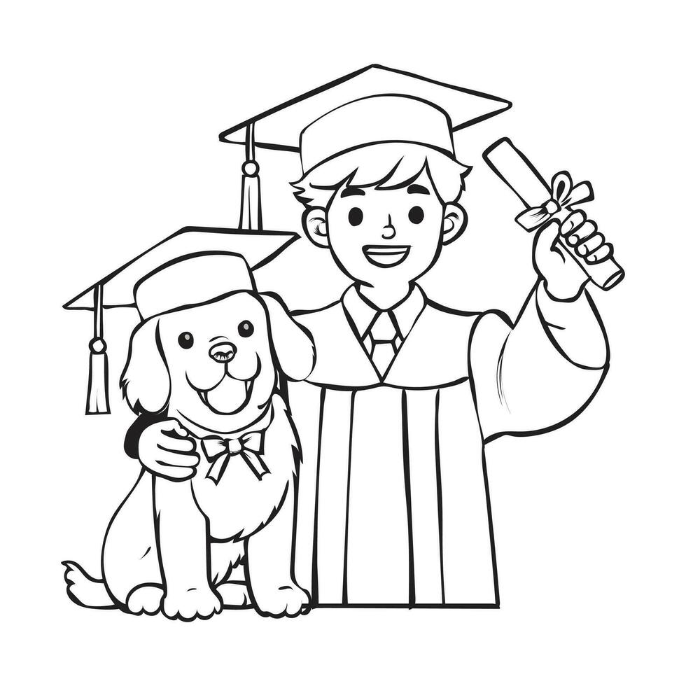 a dog and a boy who holding a certificate graduate happy  vector design