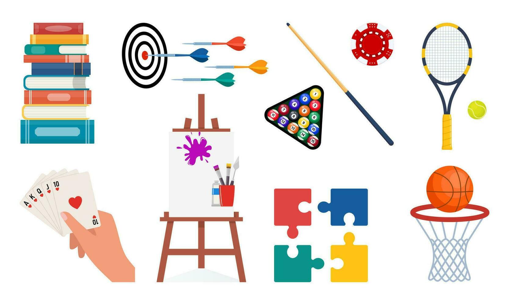 Items for various hobbies and creativity. Equipment for sports, art, games. Ways of spending time. Billiard, tennis, basketball, playing cards, reading, darts, puzzles, drawing. Vector illustration.