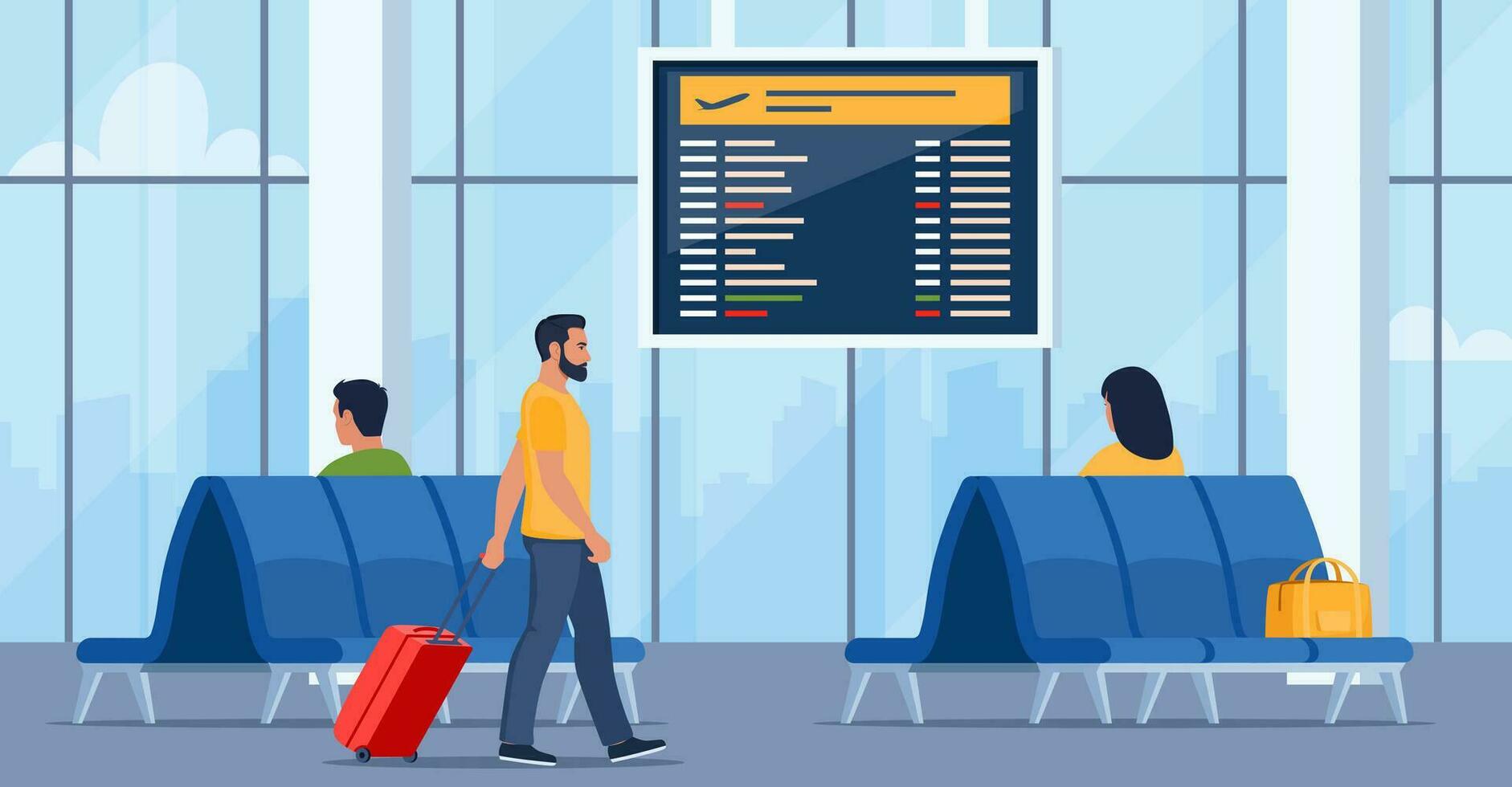 People in airport arrival waiting room or departure lounge with chairs and information panels. Terminal hall with big airport window. Vector illustration.