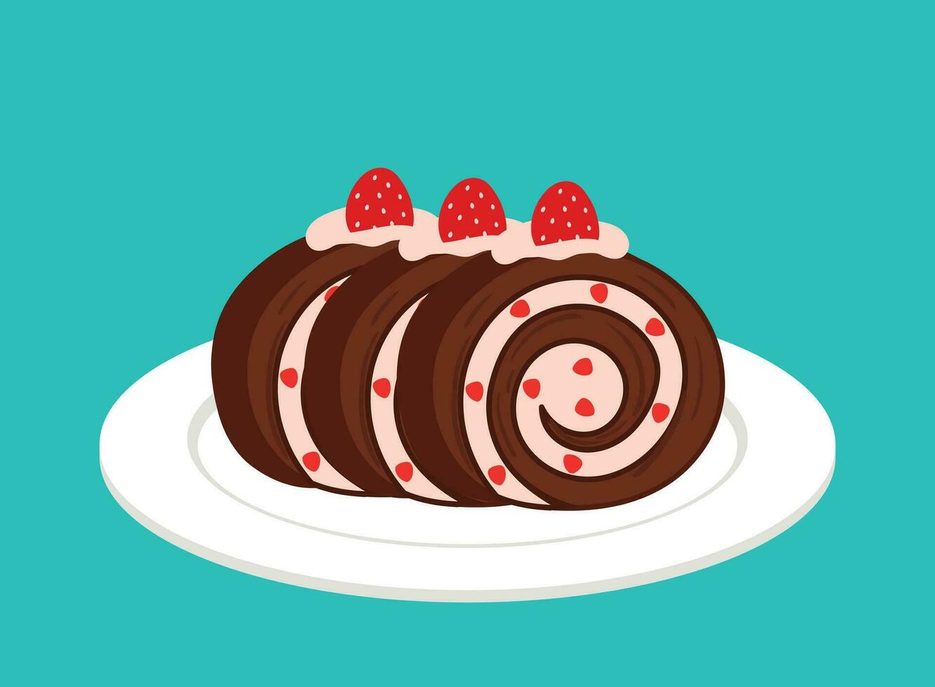Swiss Roll Cake in White Plate Sweet Dessert Bakery Icon Cute Flat Cartoon Vector Illustration